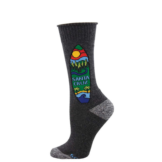 A pair of gray socks with a graphic design featuring the Santa Cruz coastline.