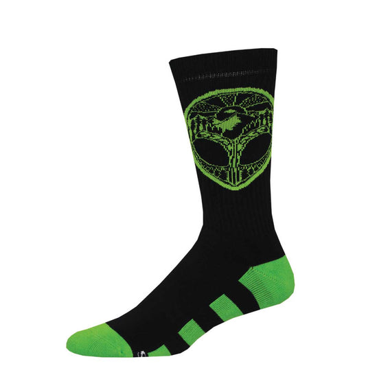 A pair of black crew socks with a green alien design on the upper part and green accents at the toe and heel.