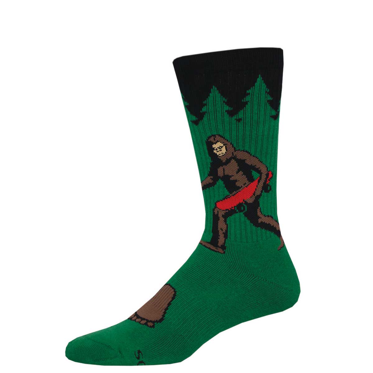 A pair of crew socks with a green background featuring a cartoon illustration of Sasquatch holding a skateboard.