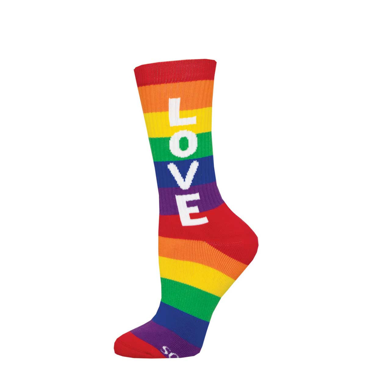 A pair of striped socks with the word 'LOVE' displayed in a rainbow color spectrum.
