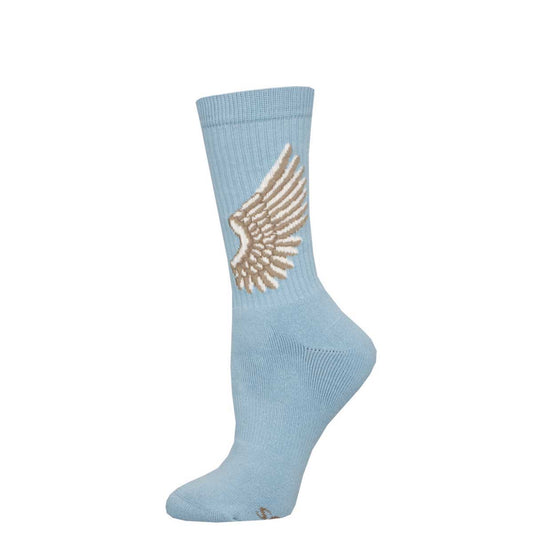 A pair of light blue crew socks with a gold angel wing design on the calf area.