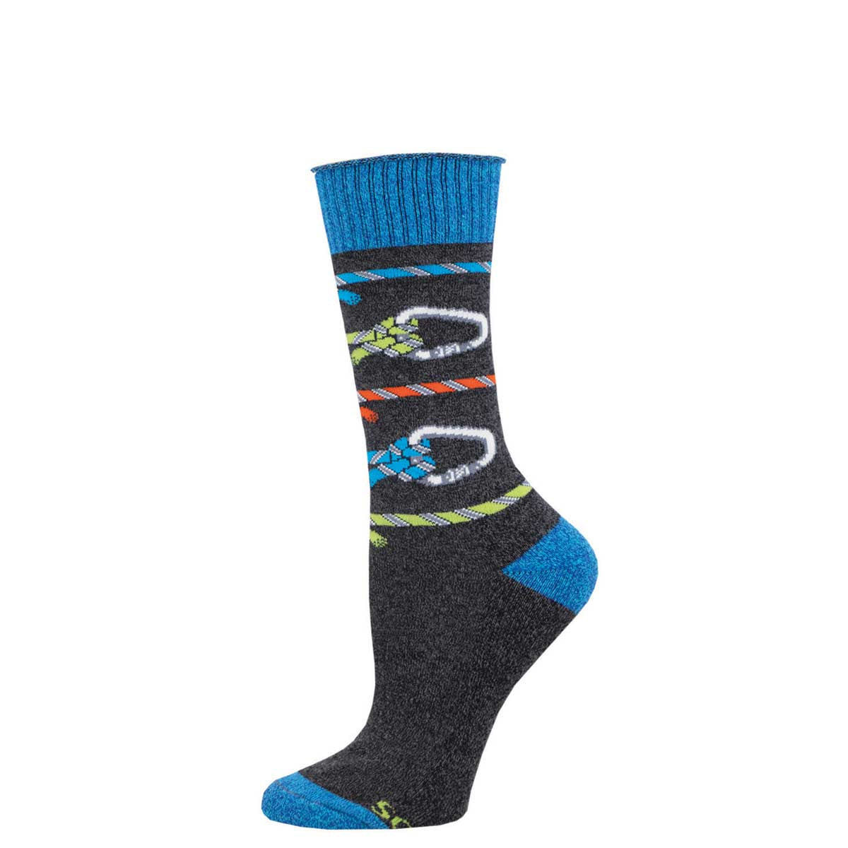 A pair of climbing socks with a geometric pattern in blue, gray, and other colors.