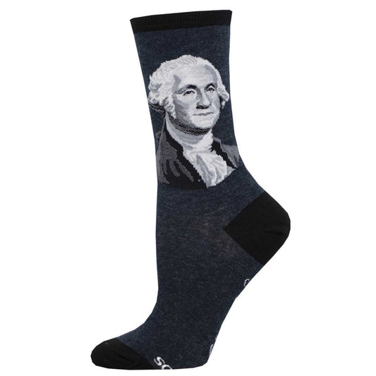 A pair of navy-colored crew socks featuring a portrait of George Washington.