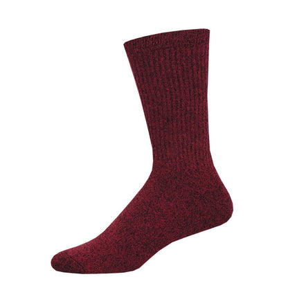 A maroon red ribbed sock designed for adults.