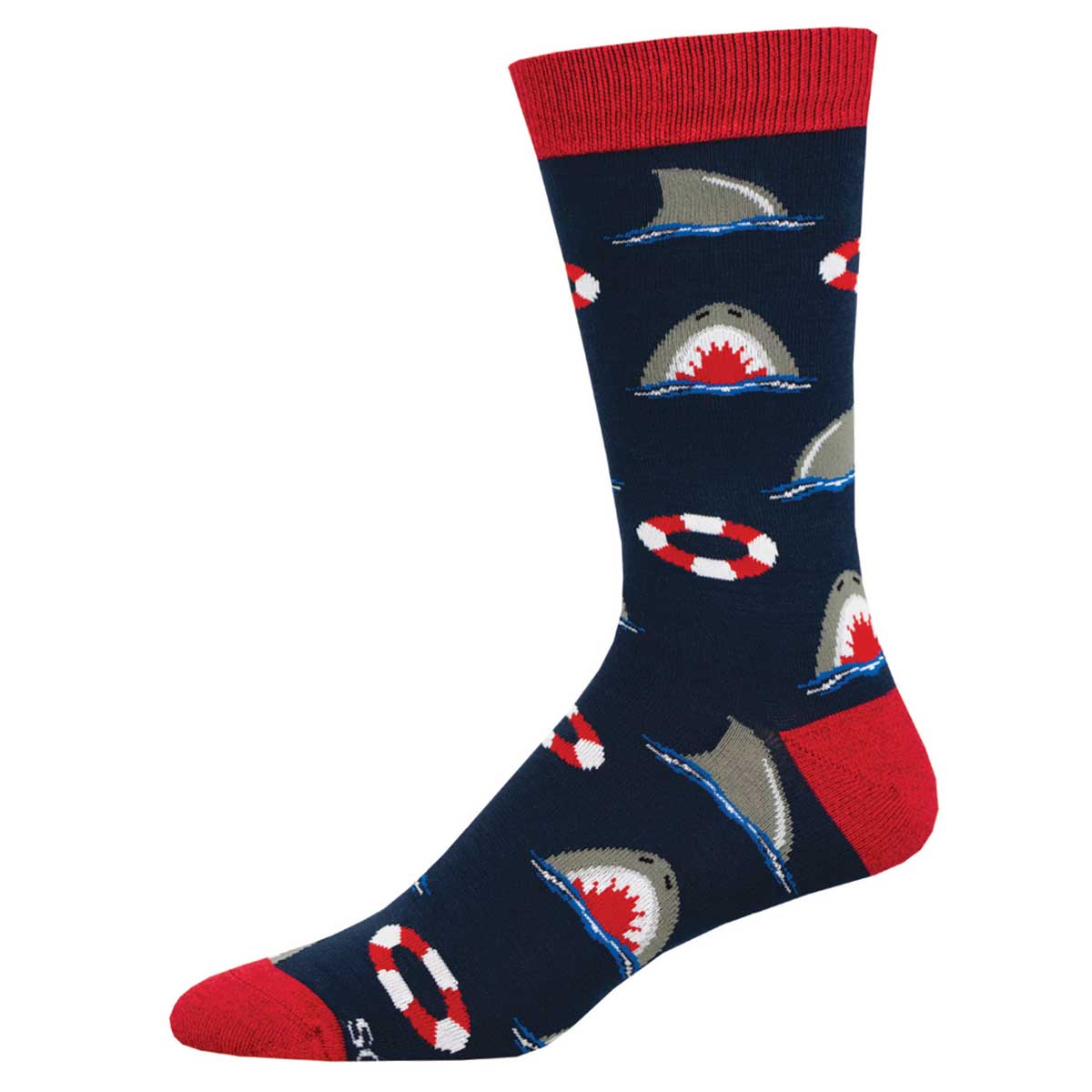 A pair of men's bamboo socks with a nautical theme, including shark patterns and life preserver designs in red, white, and blue colors.