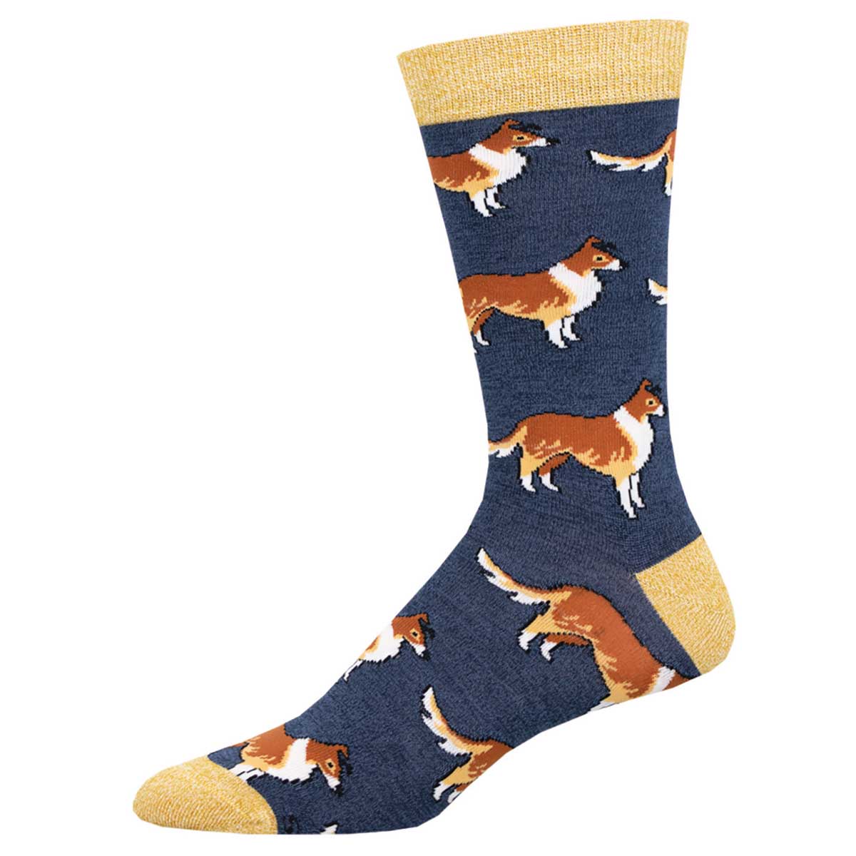A navy-colored sock with a pattern of border collie dogs