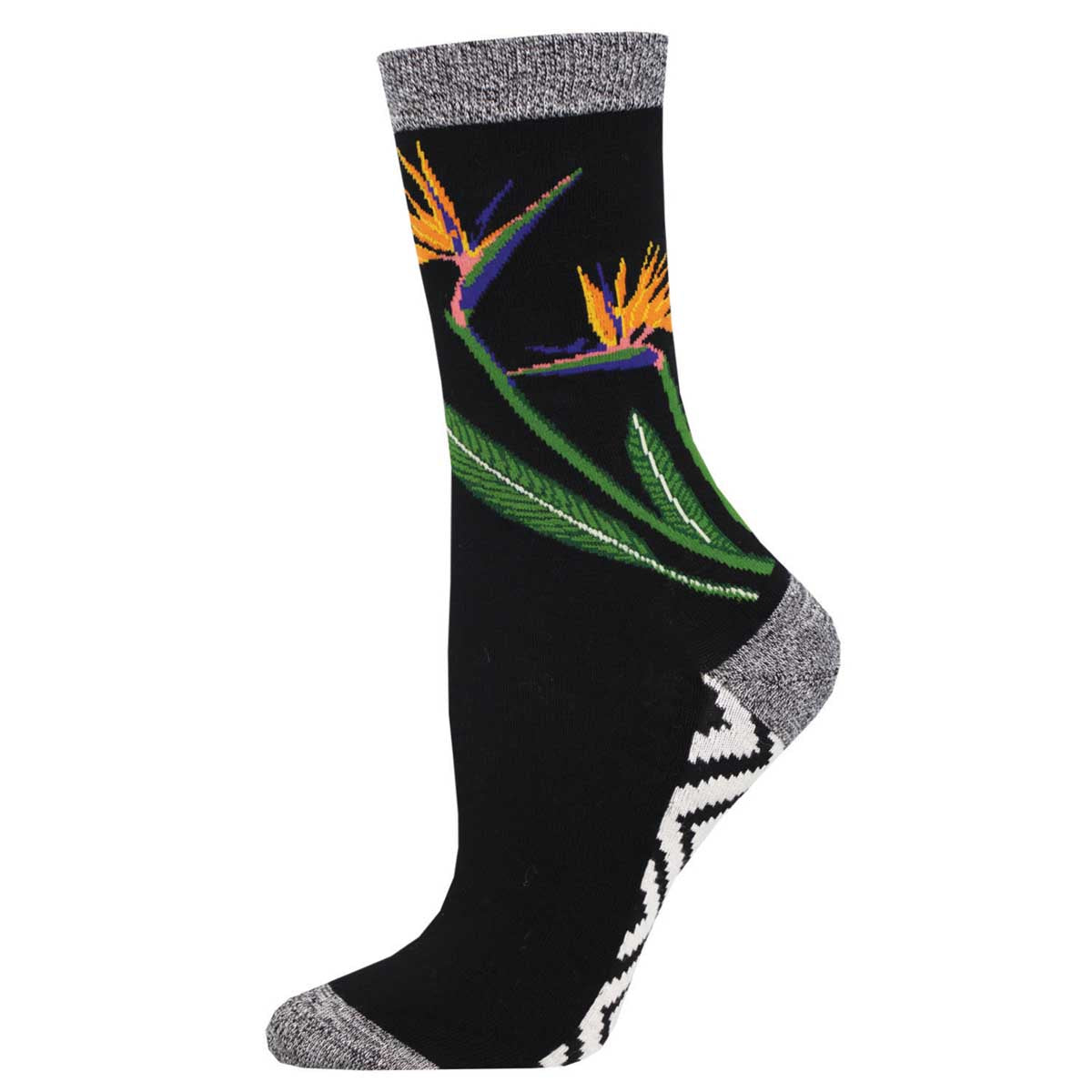 A pair of women's socks with a floral pattern featuring birds of paradise flowers on a black background.