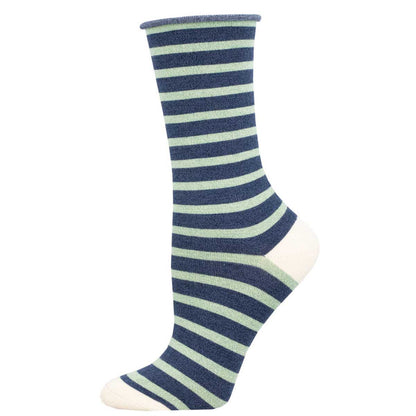 Women's SAILOR STRIPE ROLL TOP sock in NAVY/MINT color