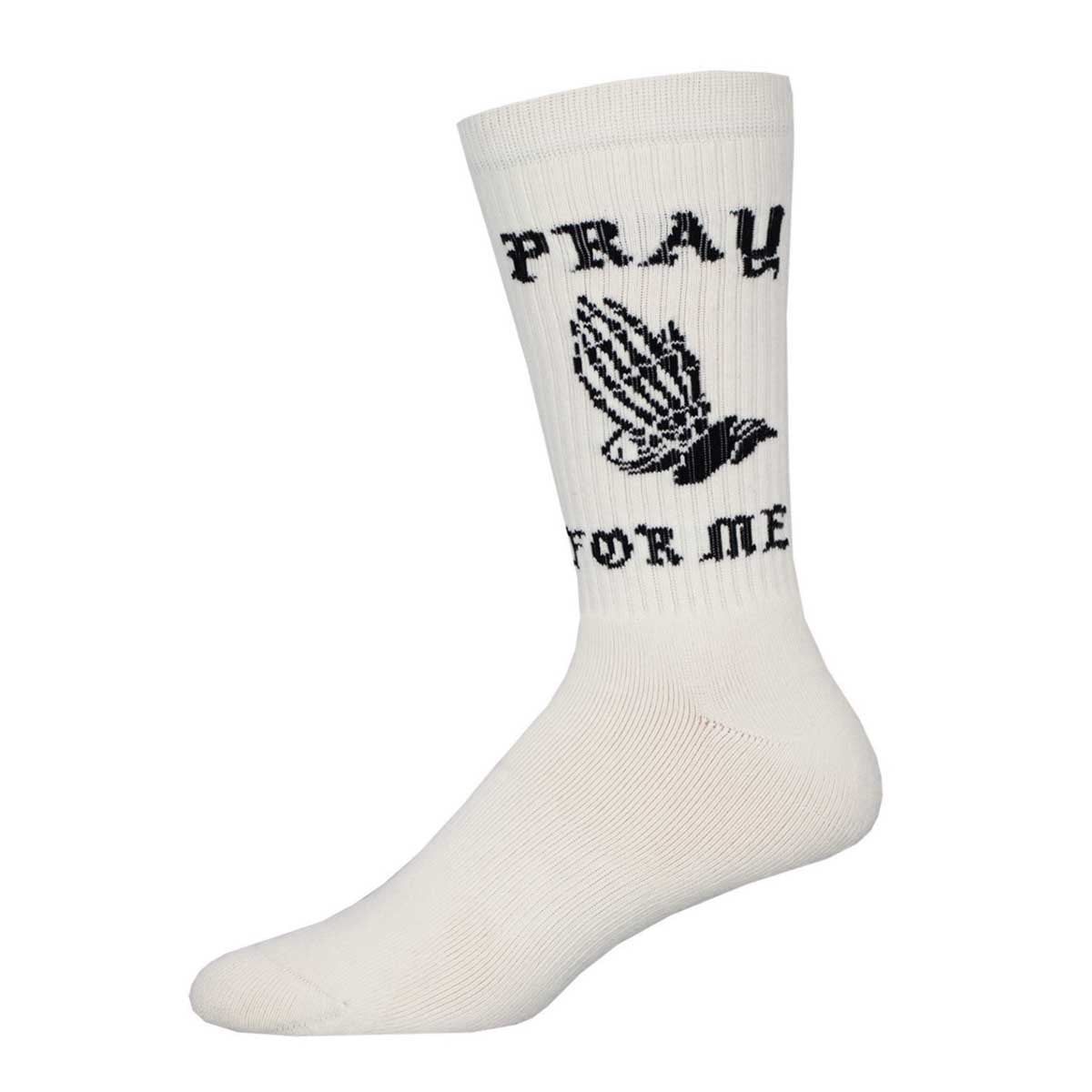 A pair of white crew socks with the text 'PRAY FOR ME' printed on the upper part.