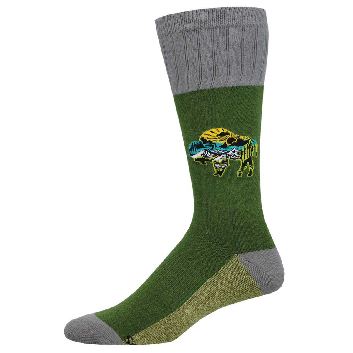 A green sock with a pattern of a buffalo and surrounding foliage.