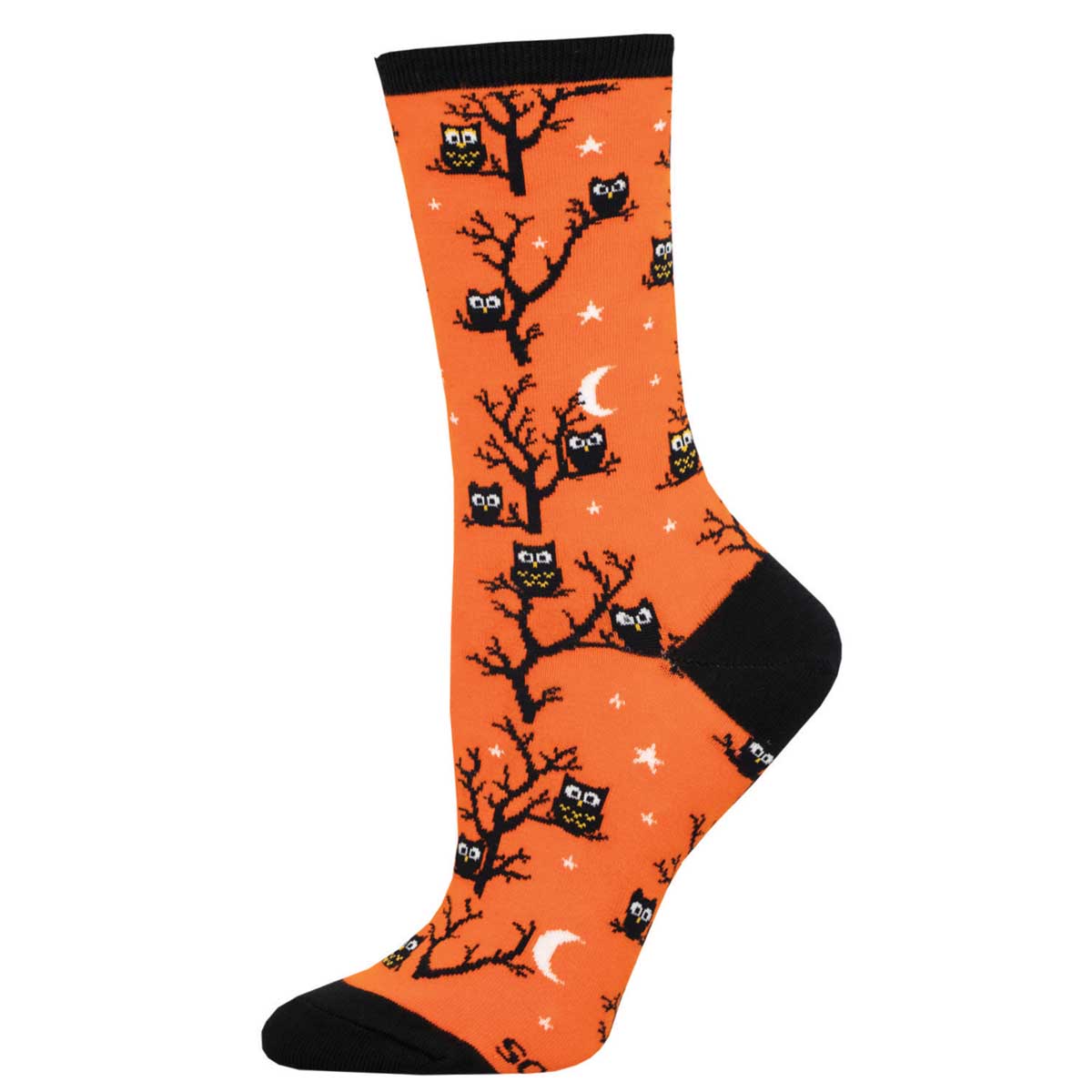 Orange sock with black owl and tree pattern