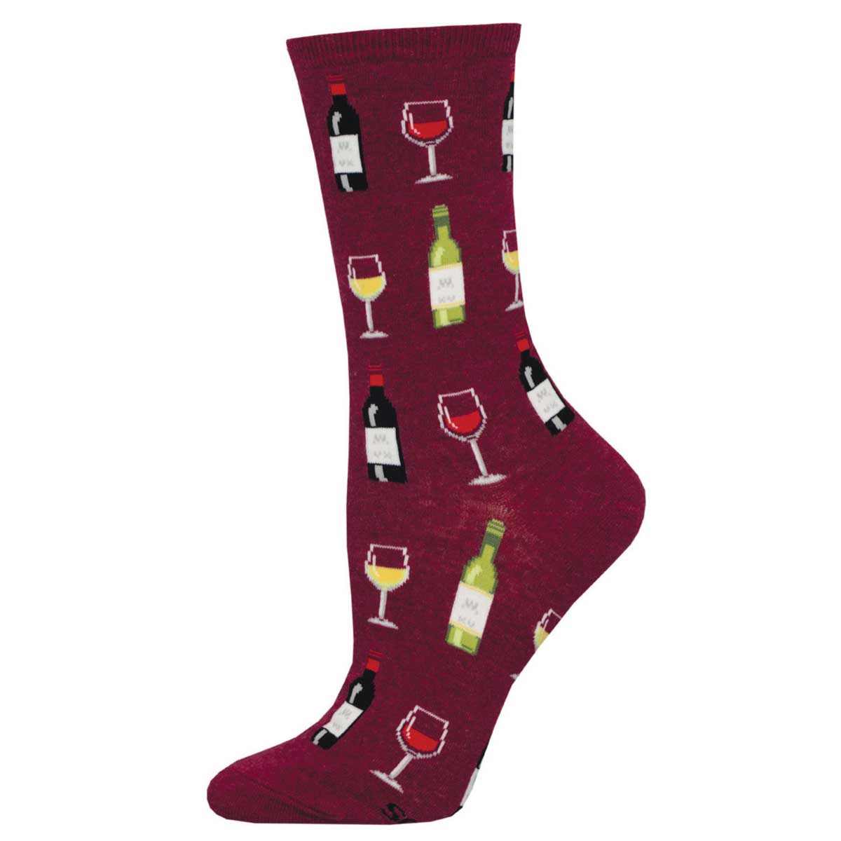 Maroon sock with wine bottle and glass pattern