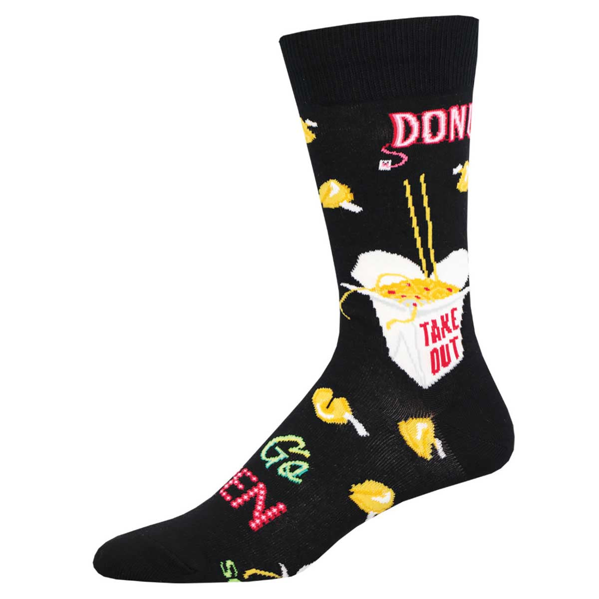 A pair of black crew socks with a pattern of donuts and text that reads 'DONUT TAKE OUT'.