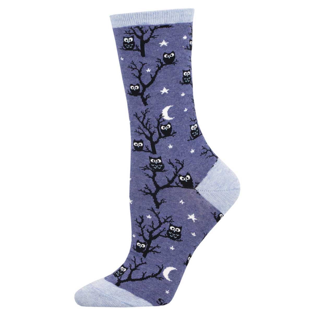 blue sock with owl and tree pattern