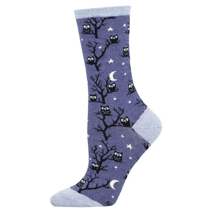 blue sock with owl and tree pattern
