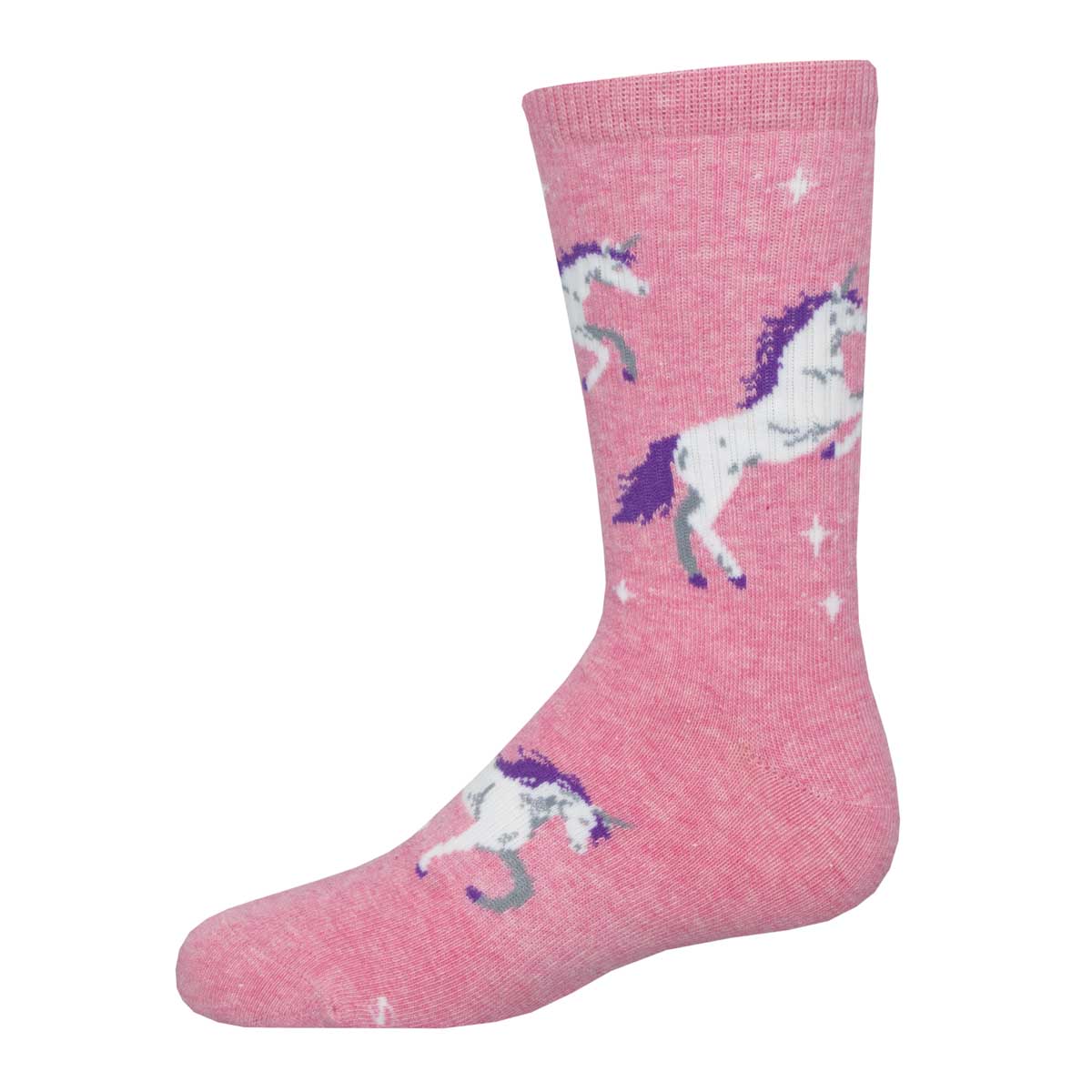 A pink crew sock with unicorn patterns and stars.