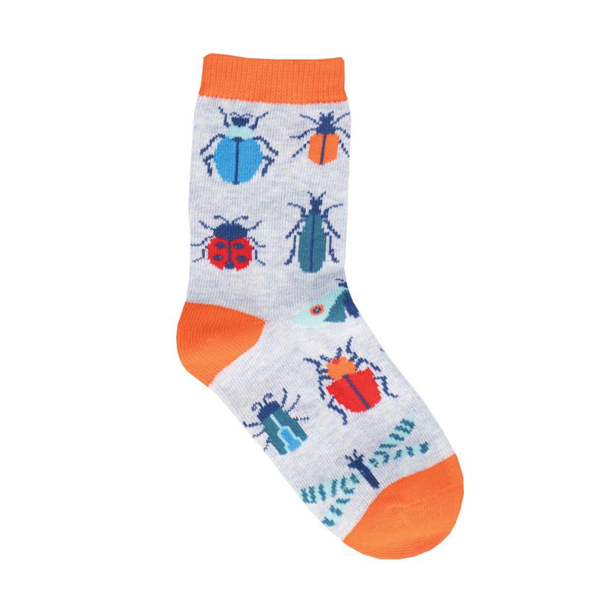A pair of colorful kids' crew socks with various insects printed on them, predominantly blue and orange on a gray background.