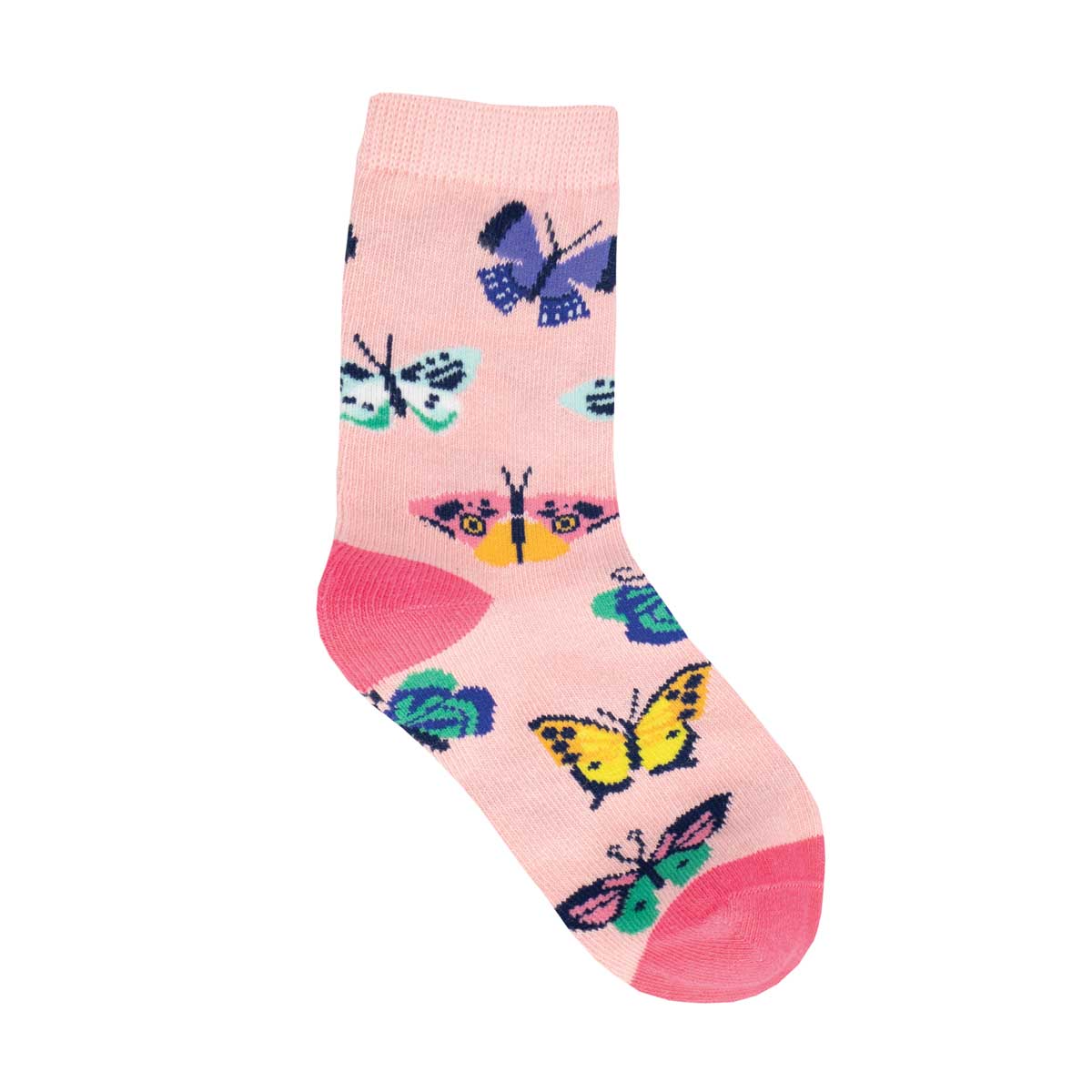 A pair of kids' socks with a pink background featuring colorful butterfly patterns.