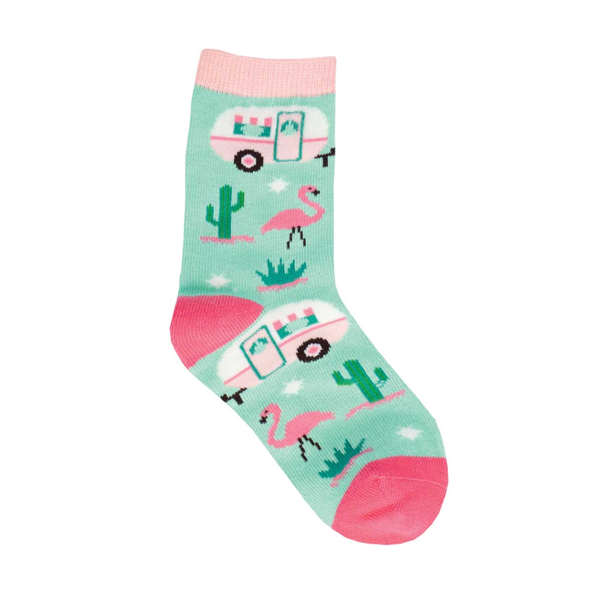 A pair of kids' socks with a camping theme, including flamingos, cacti, and a camper van, in green, pink, white, and beige colors.