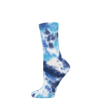 A tie-dye patterned athletic crew sock in shades of blue and white.