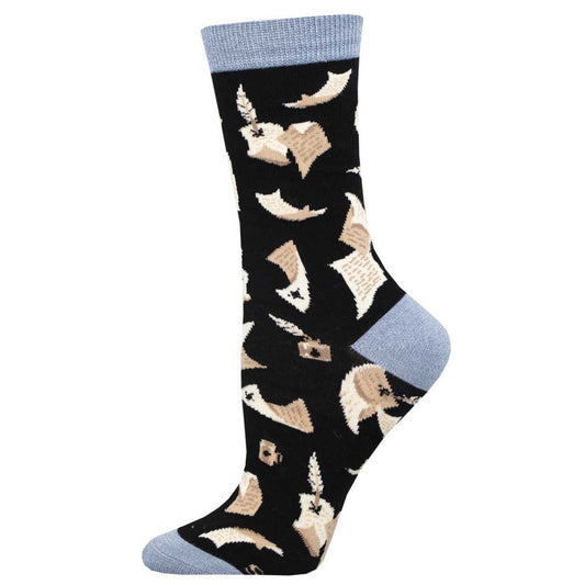 A black sock with a pattern of quills and parchment, and a small blue heel and toe cap.