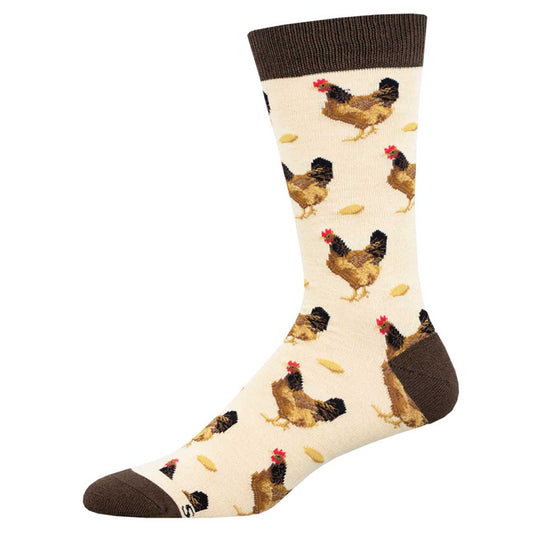 A pair of beige bamboo socks with a pattern of brown chickens and eggs on them, with dark brown cuffs.
