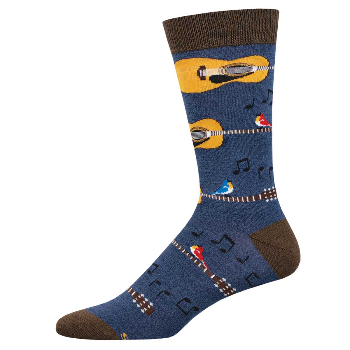 A pair of colorful bamboo socks with guitars and birds singing, predominantly navy blue with brown tips and a decorative pattern.