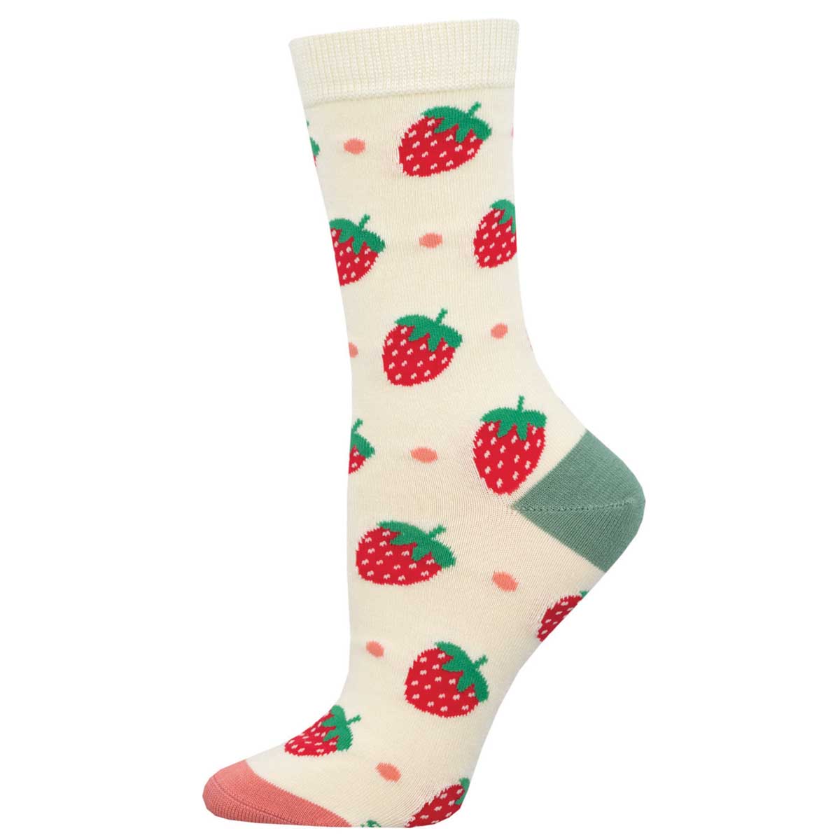 A pair of women's bamboo socks with a pattern of red strawberries with green leaves on a cream-colored background.