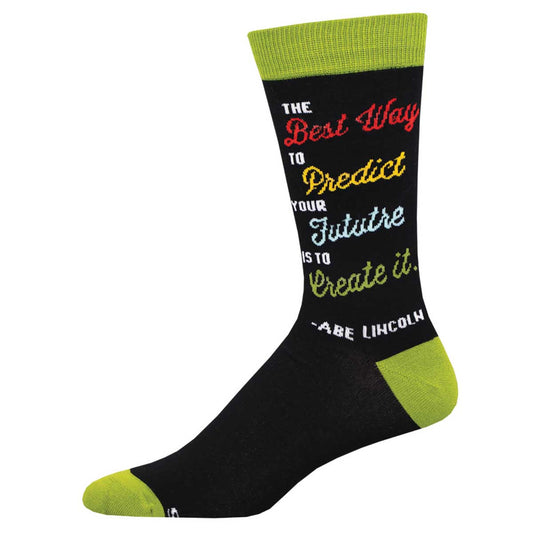 A pair of black bamboo socks with green trim, featuring a quote by Abraham Lincoln printed in a colorful vertical stripe design.