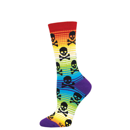 A pair of colorful crew socks featuring a pattern with skulls and stripes in rainbow colors.