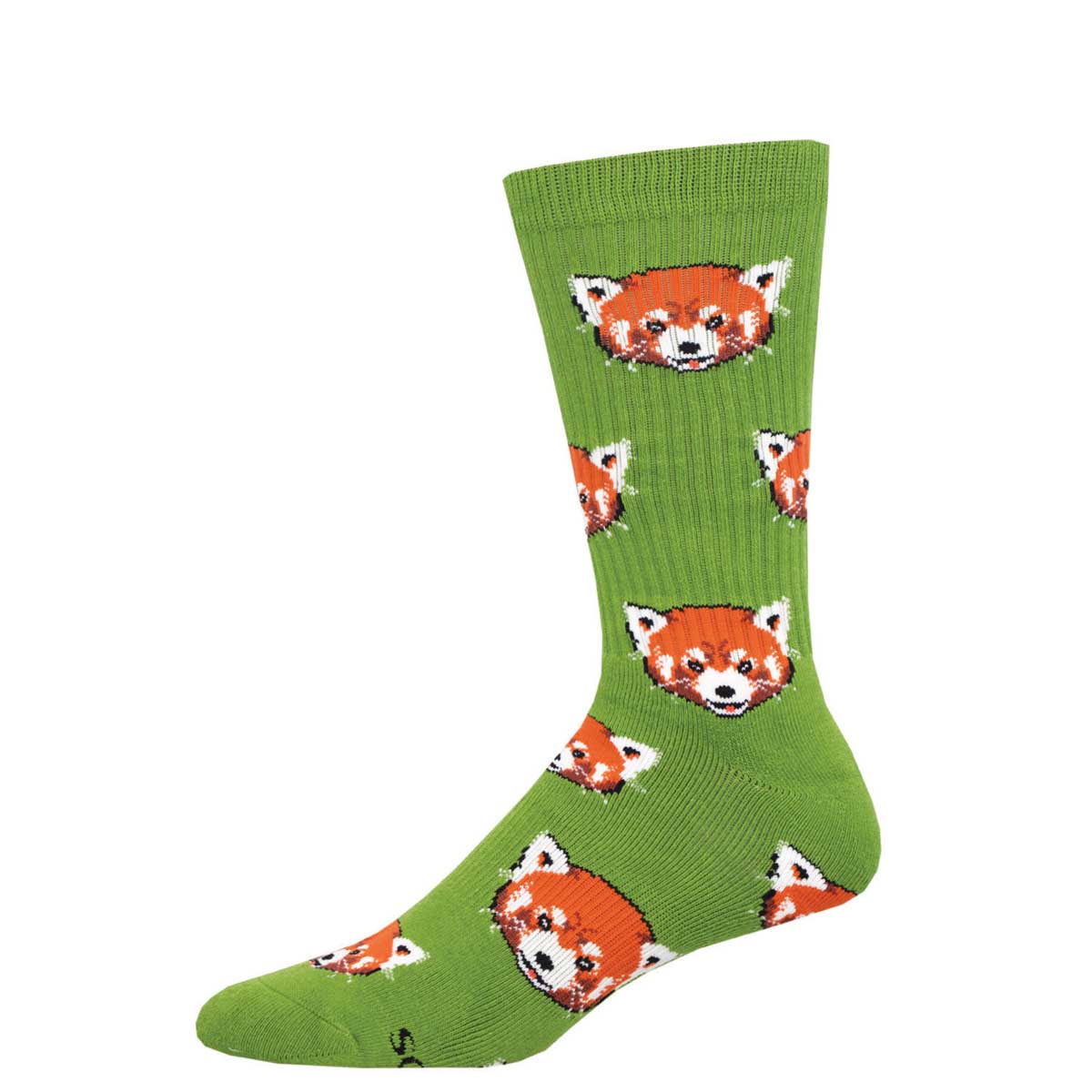 A pair of green crew socks with red panda faces printed throughout.