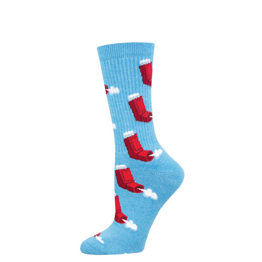 A pair of blue crew socks with a pattern of red cartoon images of inhalers and smoke, designed for athletic purposes with features like arch support and seamless toe.