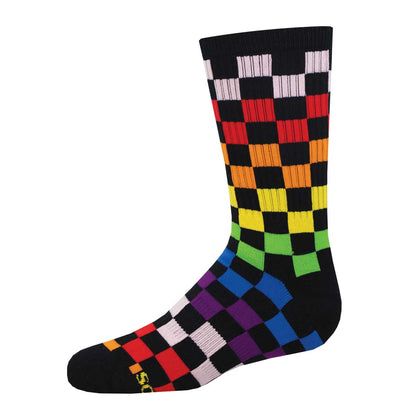 A pair of youth-sized, multicolored checkered socks designed for athletic wear on a black background.