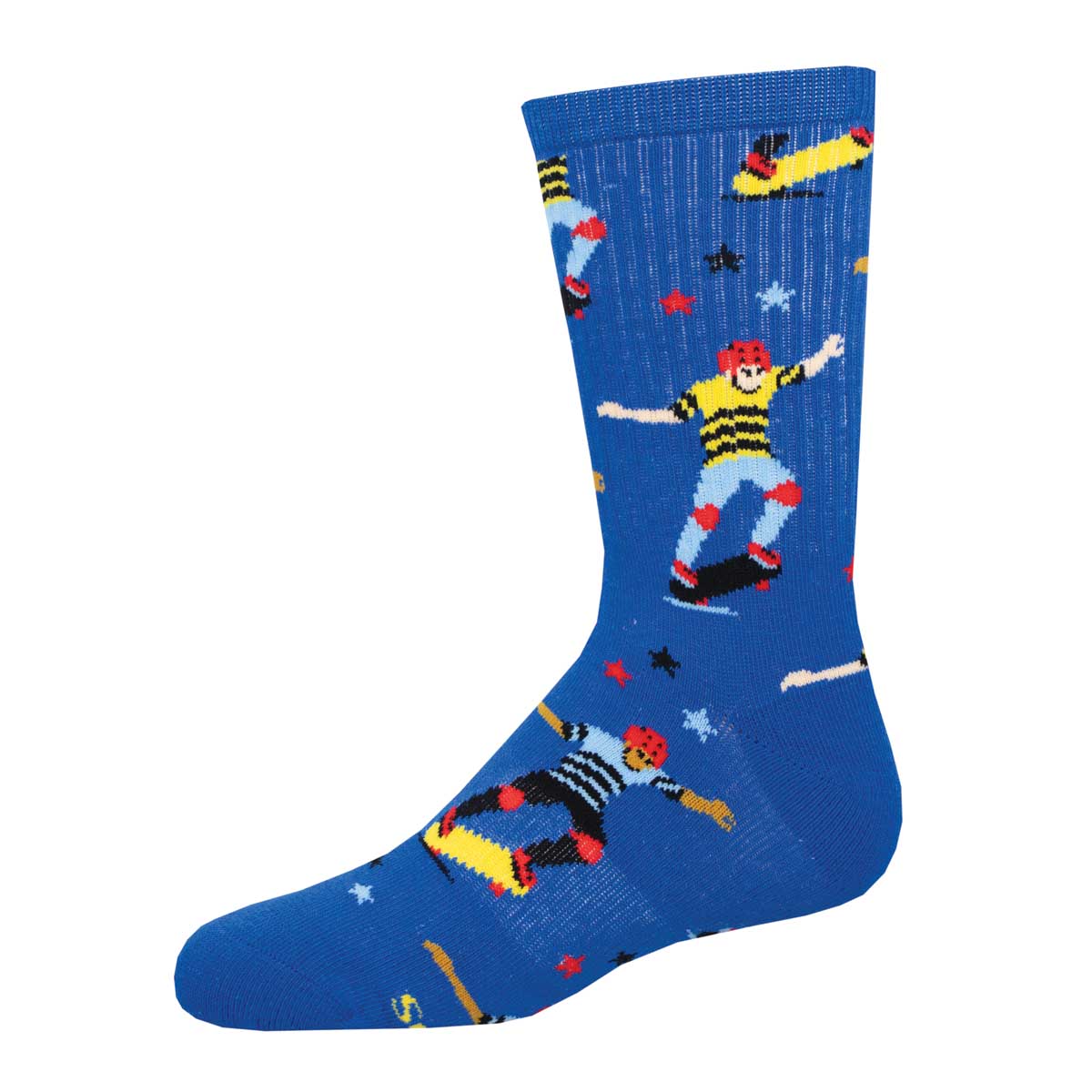 A pair of blue crew socks with a pattern of cartoon skaters and skateboard elements.