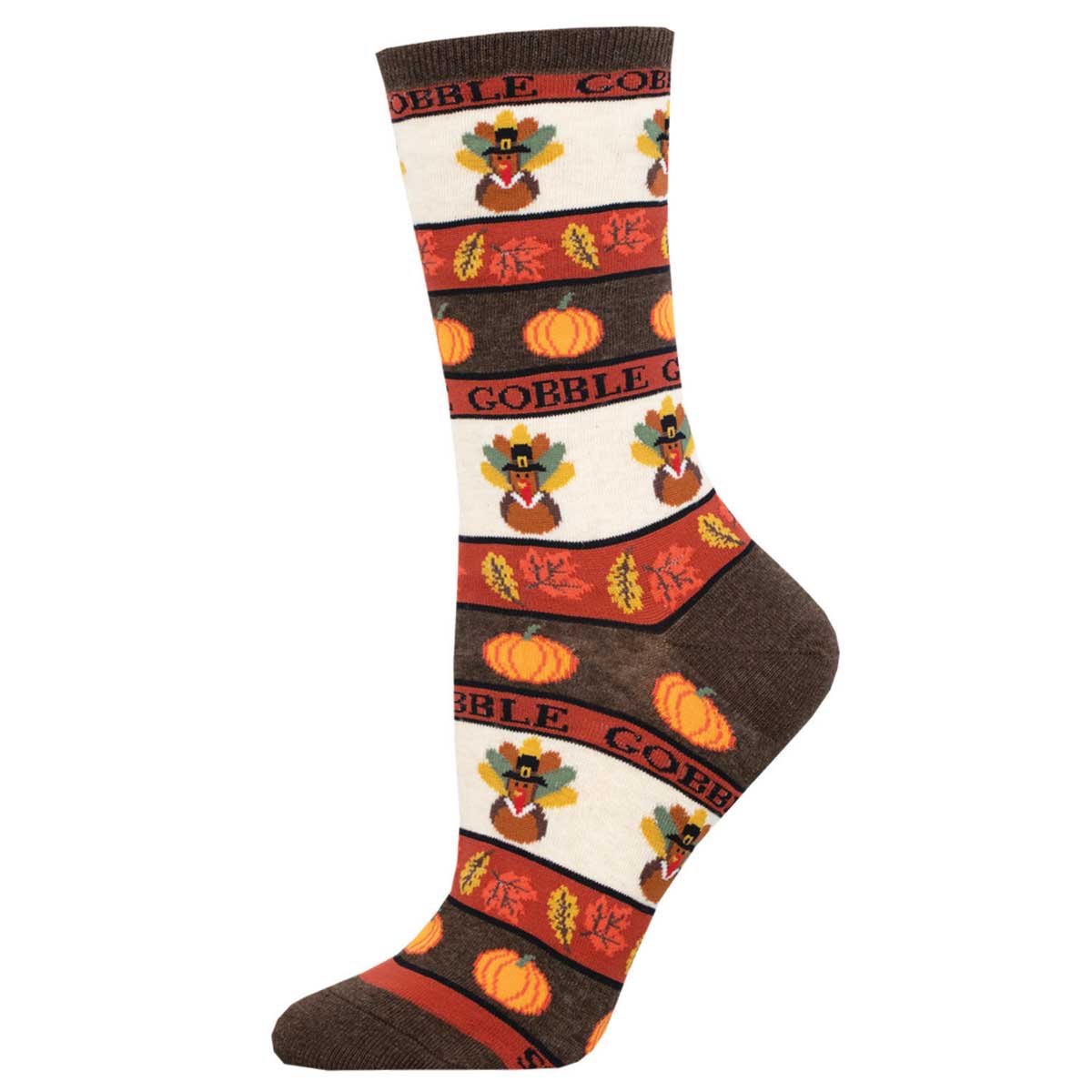 Thanksgiving-themed sock with pumpkins and turkeys in a striped pattern