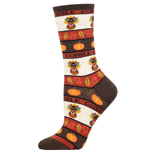Thanksgiving-themed sock with pumpkins and turkeys in a striped pattern