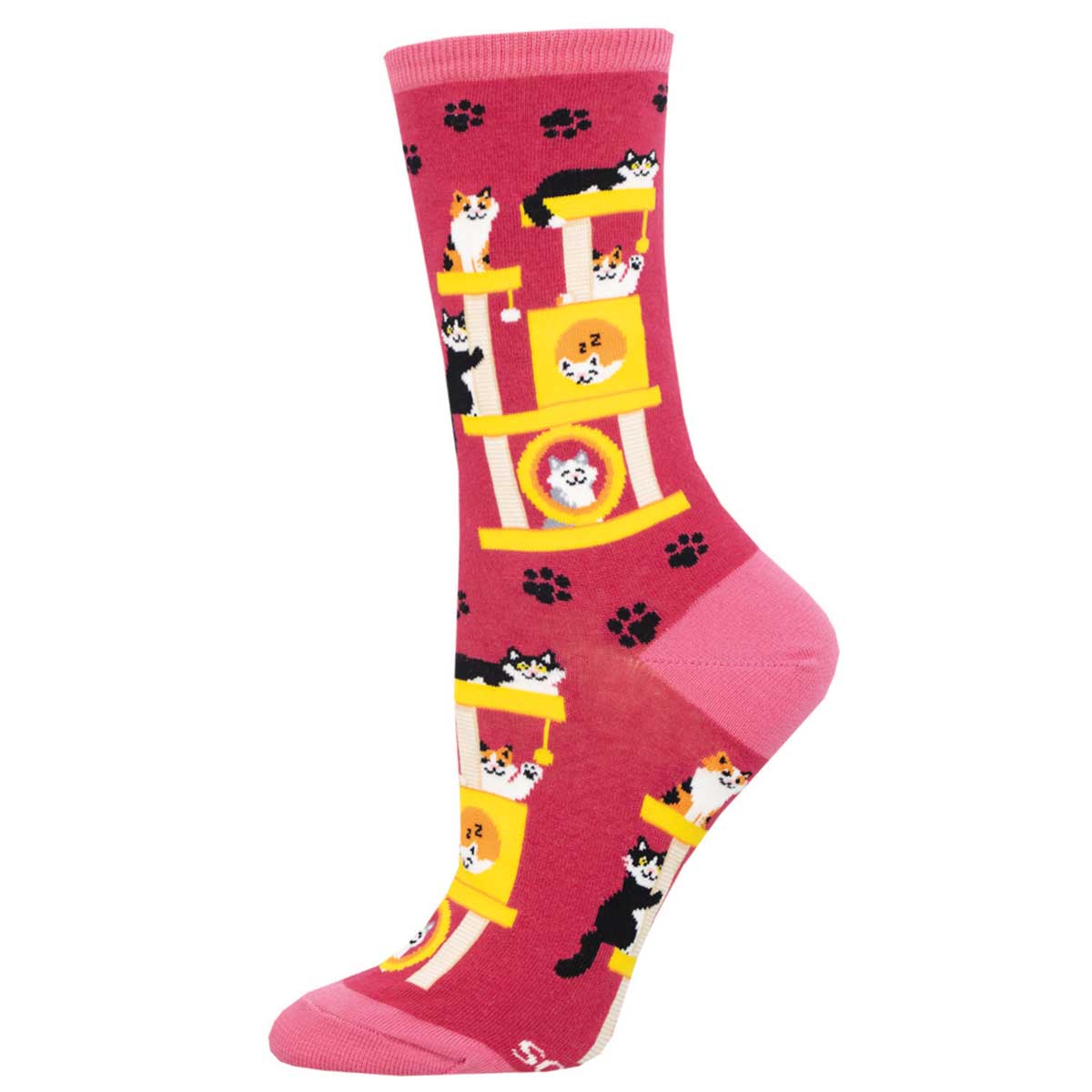 Pink sock with cats on a golden tower and paw prints