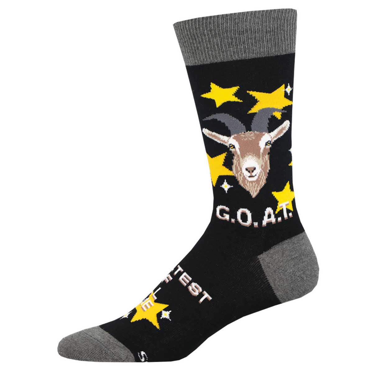 GOAT Greatest of All Time men's sock in black with goat and yellow star graphic