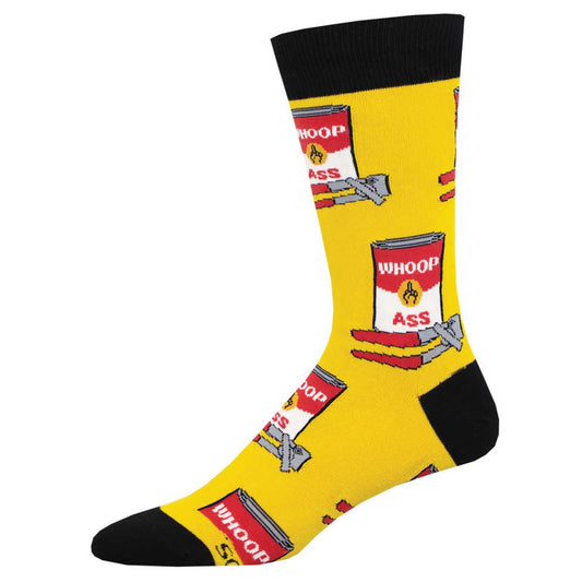 Yellow sock with pattern of red and white soup cans with the text "whoop ass", a middle finger logo, and a can opener