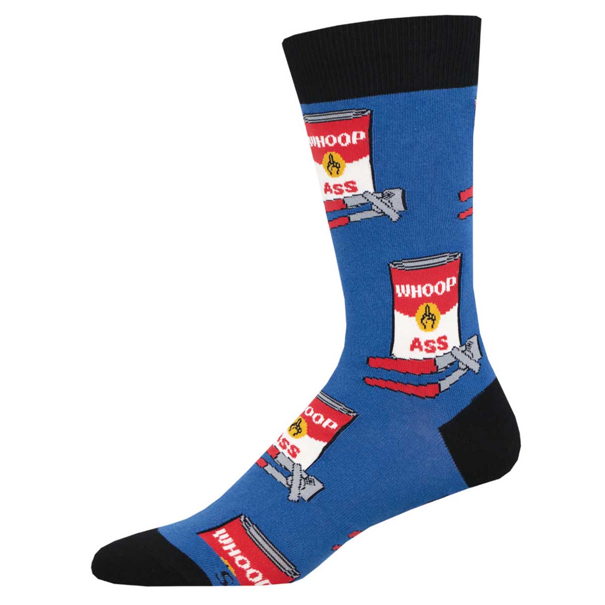 Blue sock with pattern of red and white soup cans with the text "whoop ass", a middle finger logo, and a can opener