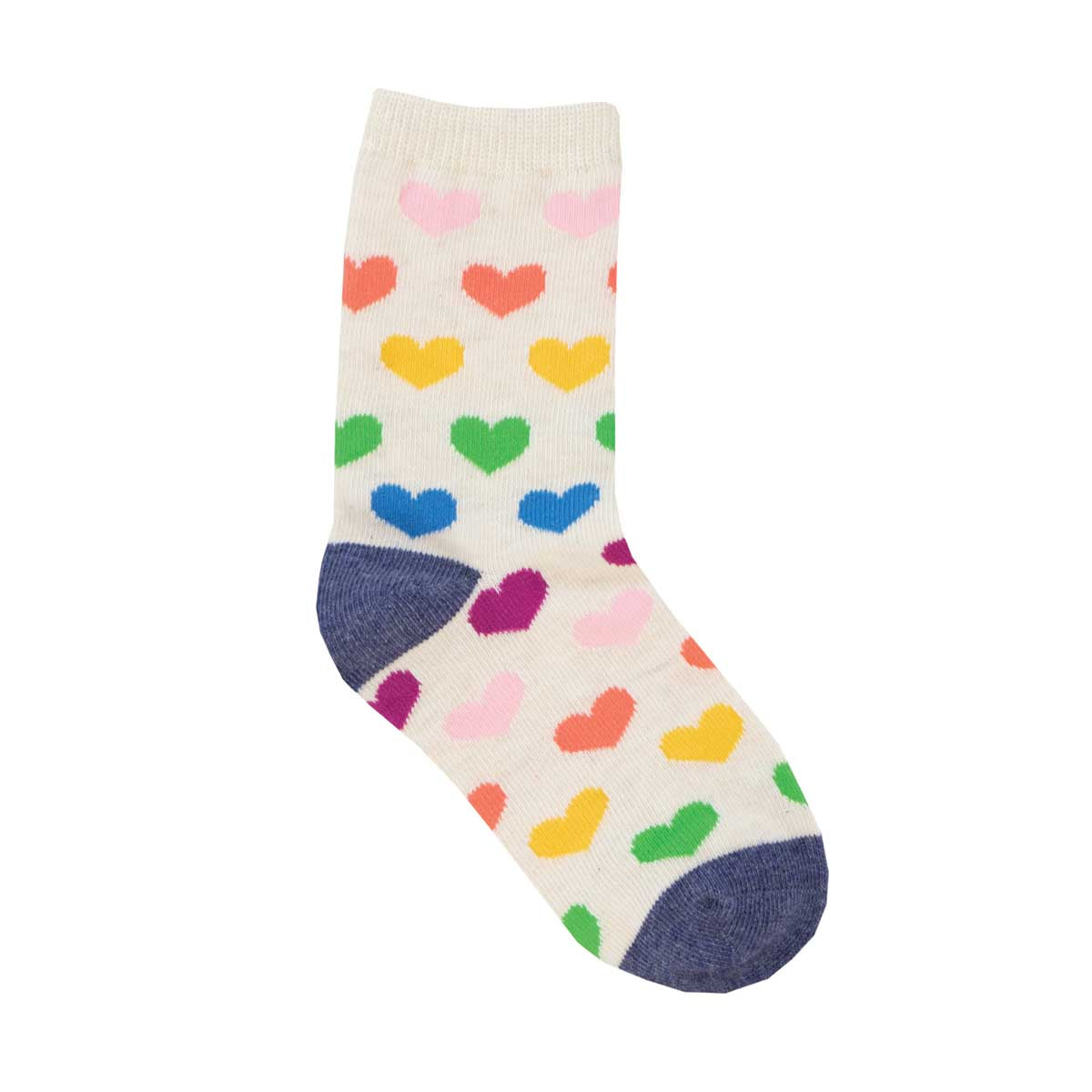 A pair of ivory crew socks with a pattern of colorful hearts and solid-colored corners at the heels and toes.
