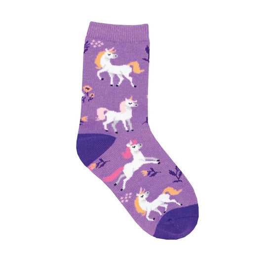 A purple sock with a pattern of white unicorns, flowers, and other fantasy elements.