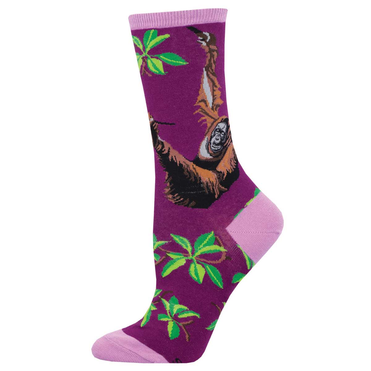A pair of purple crew socks with an illustration of an orangutan and green leaves.