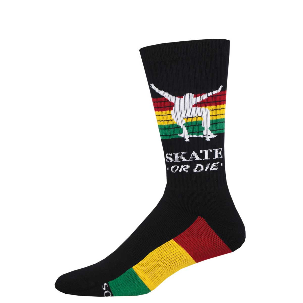A pair of black crew socks with a colorful geometric pattern and text 'SKATE OR DIE' on the lower leg.