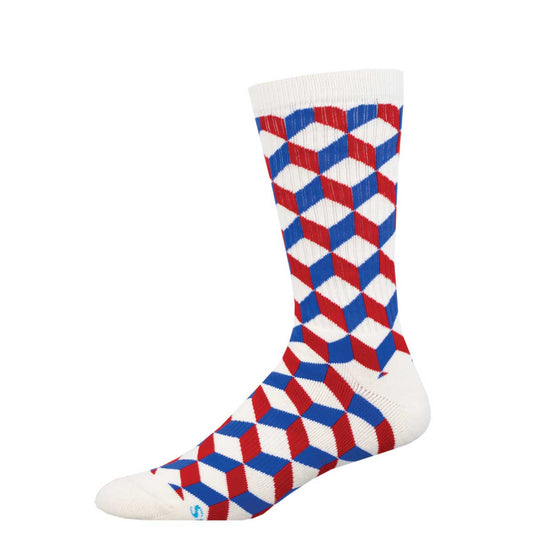 A pair of crew socks with a geometric pattern featuring red, white, and blue colors.