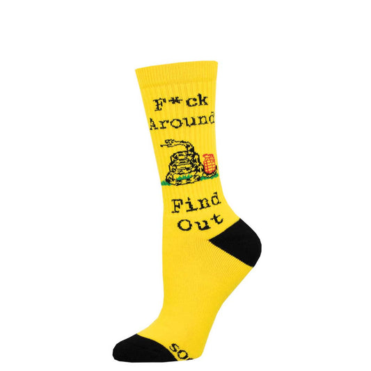 A pair of yellow athletic knit socks with the phrase 'F*ck Around and Find Out' printed on the calf area, featuring a snake design.