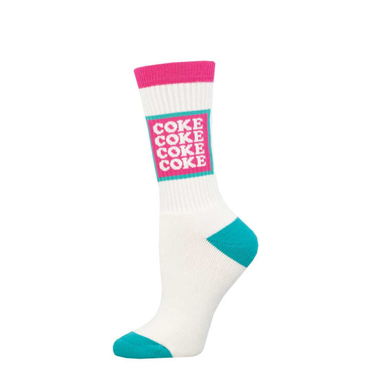 A pair of colorful crew socks with the text 'COKE COKE COKE COKE' displayed prominently in pink and blue stripes.