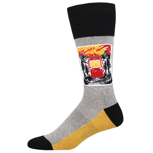 A pair of gray socks with a red and orange flame design on the upper part, featuring a black toe and heel, and a yellow band around the lower part.