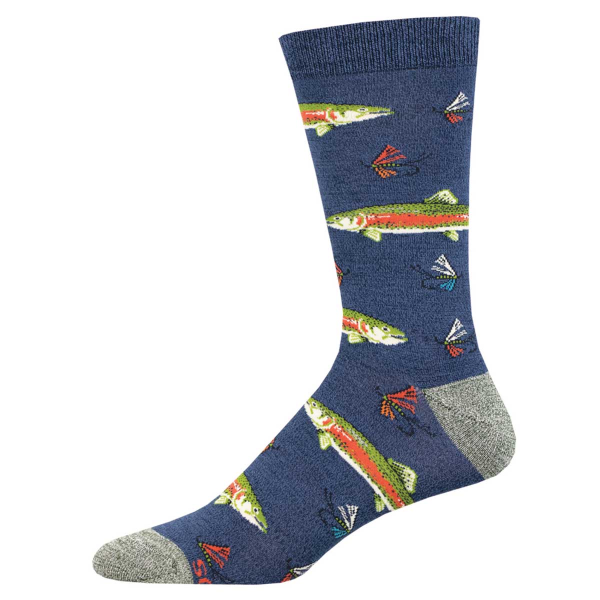 A pair of blue socks with a pattern of fish and fishing-related imagery.