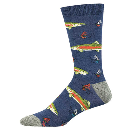 A pair of blue socks with a pattern of fish and fishing-related imagery.